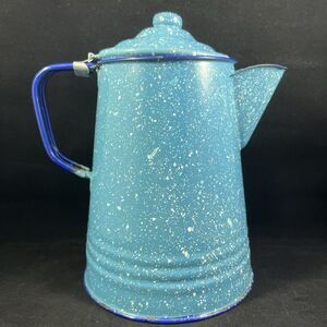 Vintage Blue Spatter Enamelware Coffee Pot Rustic Farmhouse Vase